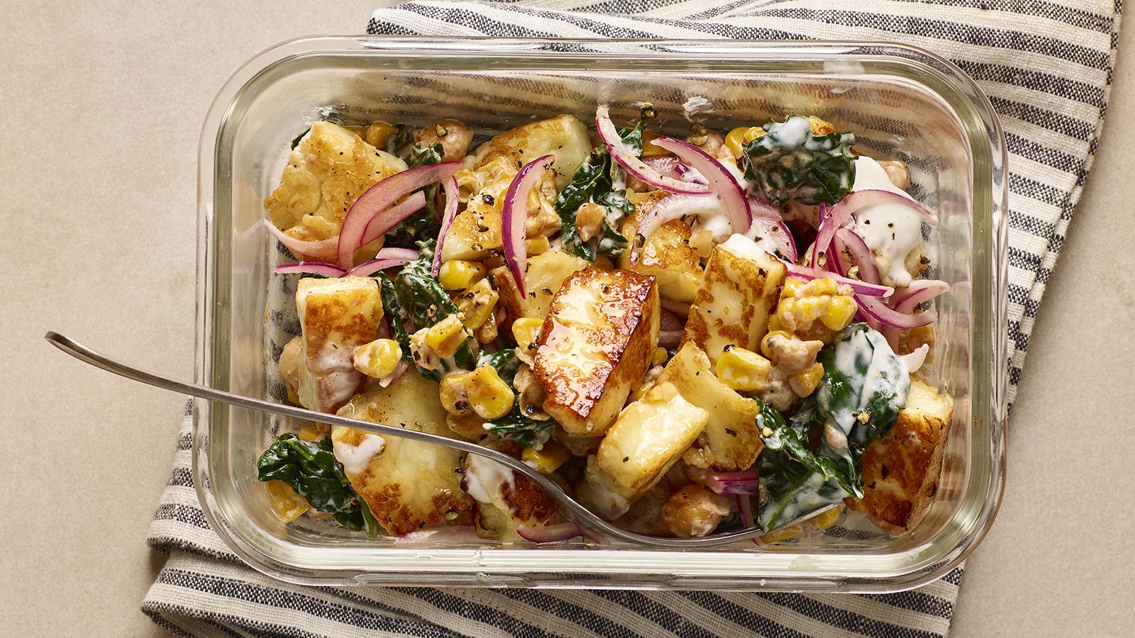 Sticky halloumi, chickpea and sweetcorn salad 