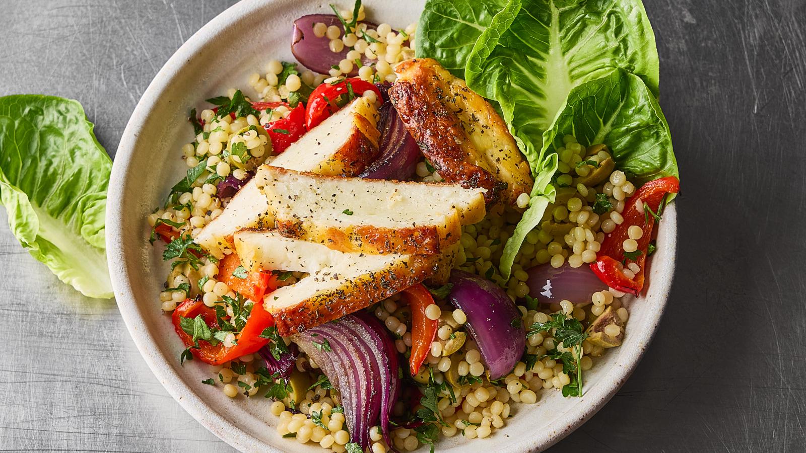 Sticky halloumi couscous bowl