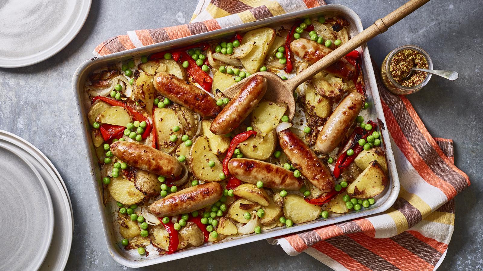 Sticky sausage and potato traybake