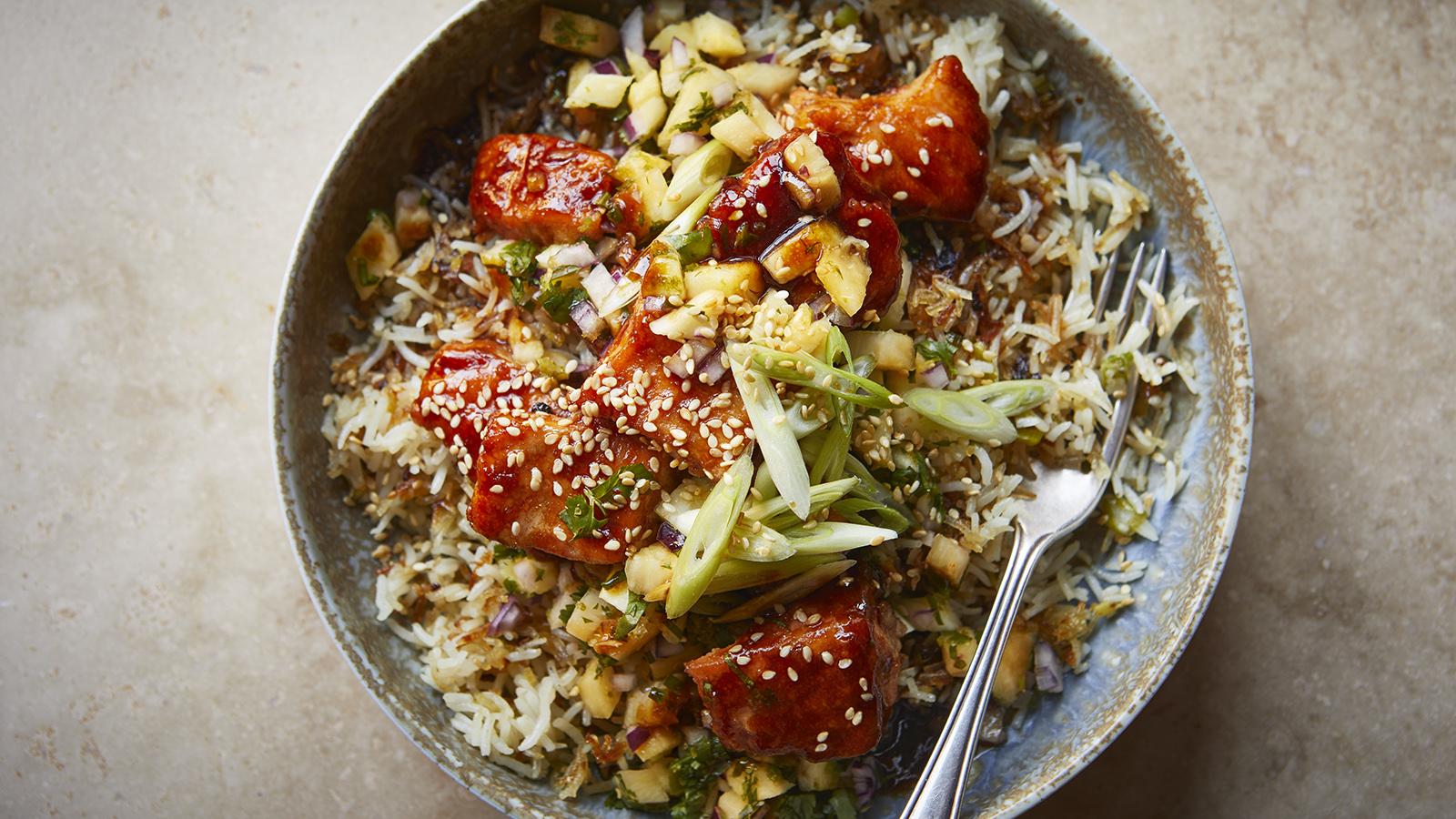 Sticky soy salmon and crispy rice