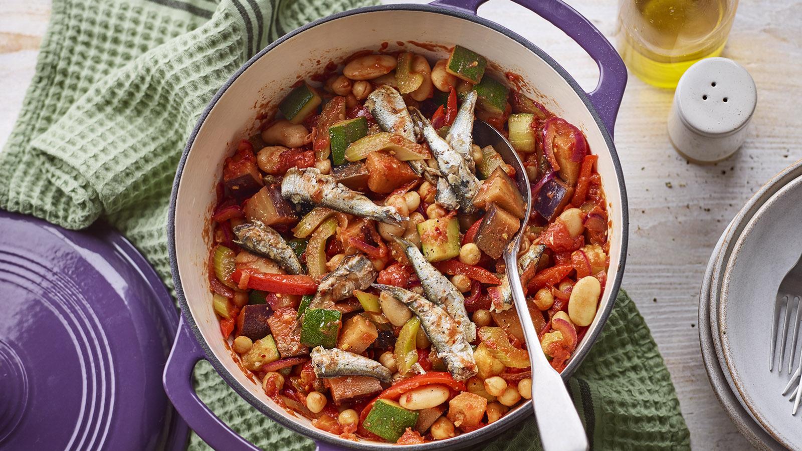 Sweet vegetable, sardine and bean stew