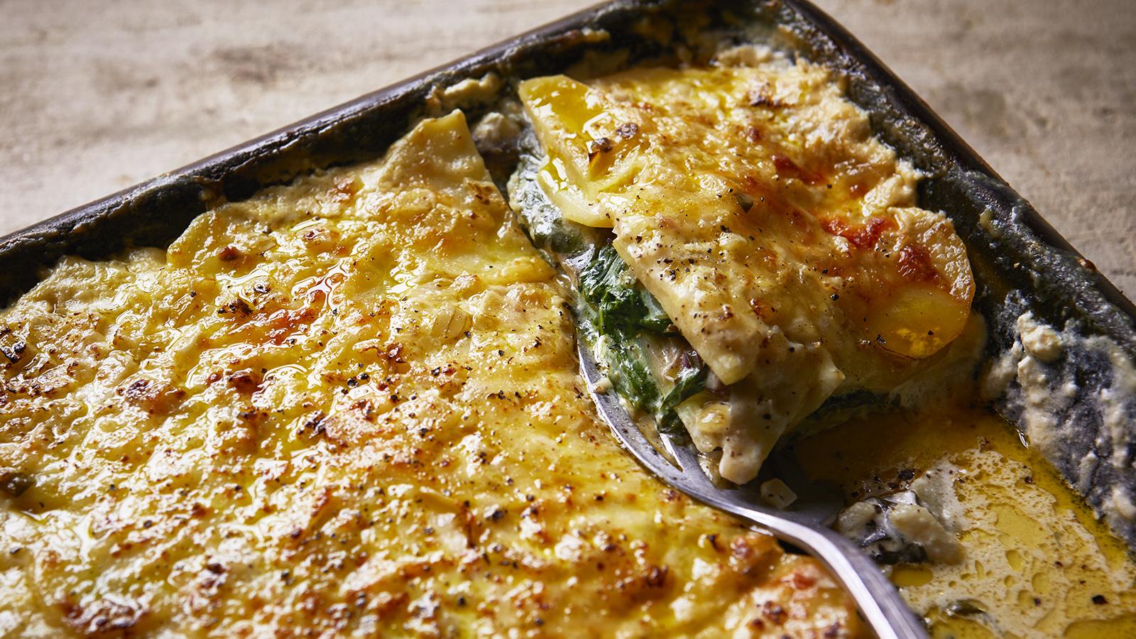 Swiss chard, potato and anchovy gratin