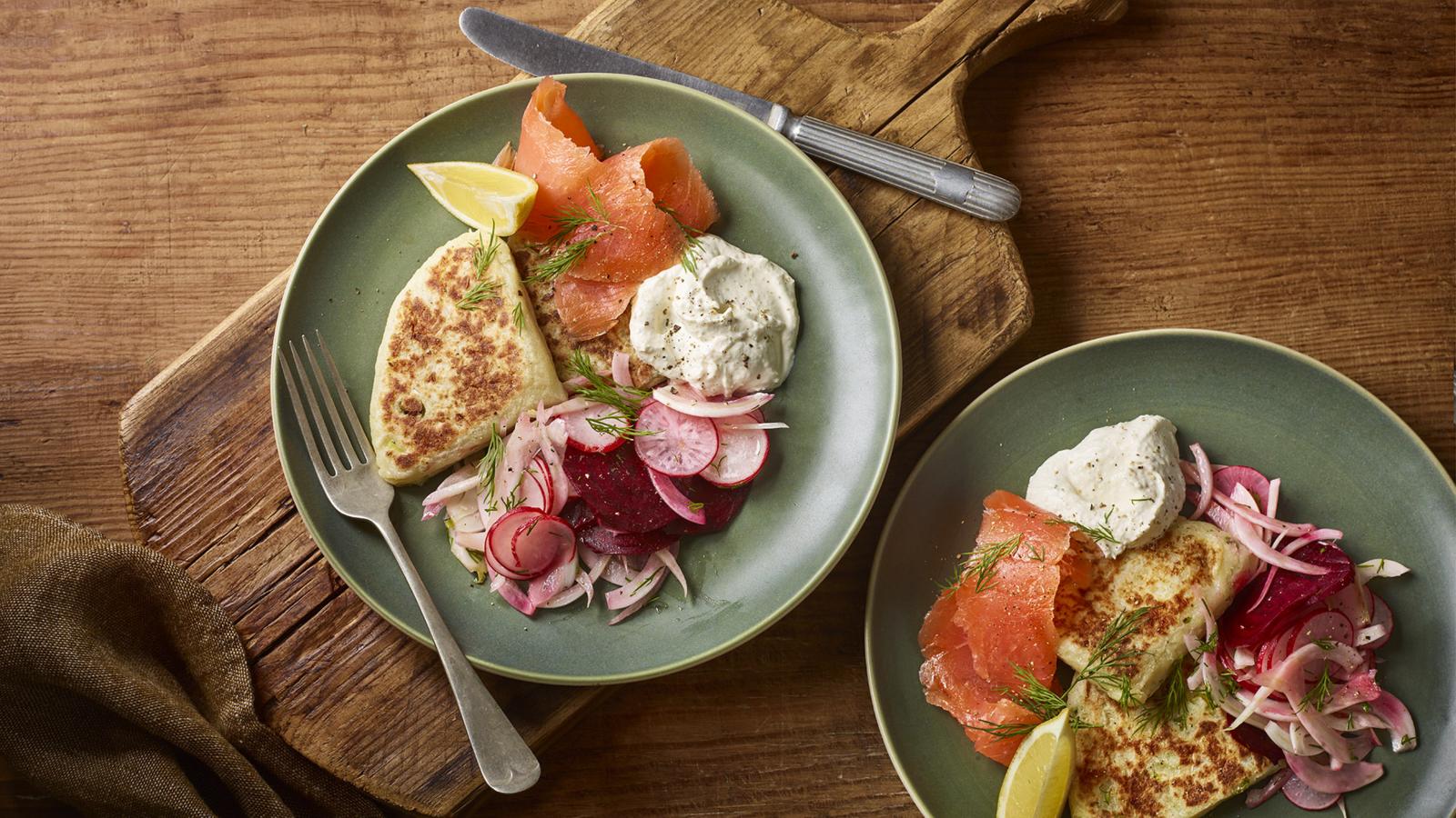 Tattie scones with smoked salmon and beetroot salad  