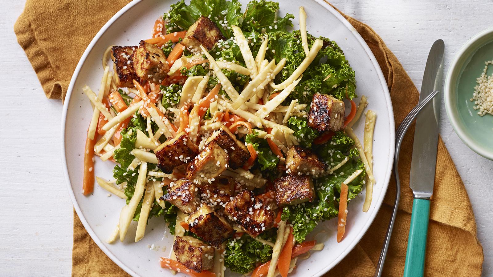 Teriyaki root vegetable salad with crispy tofu