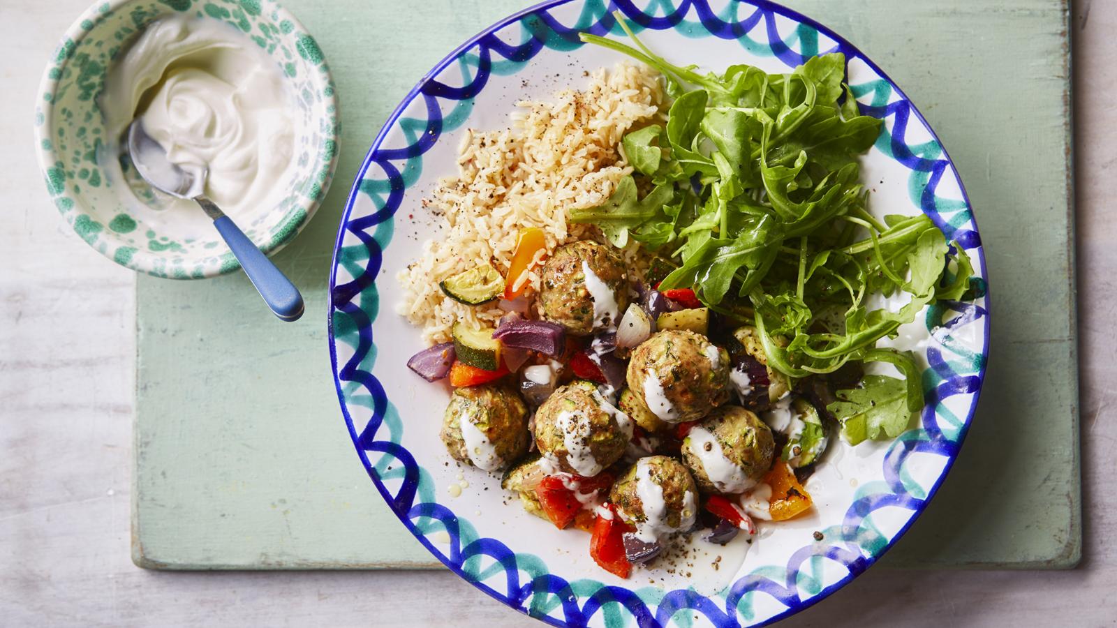 Turkey meatballs with roasted veg brown rice