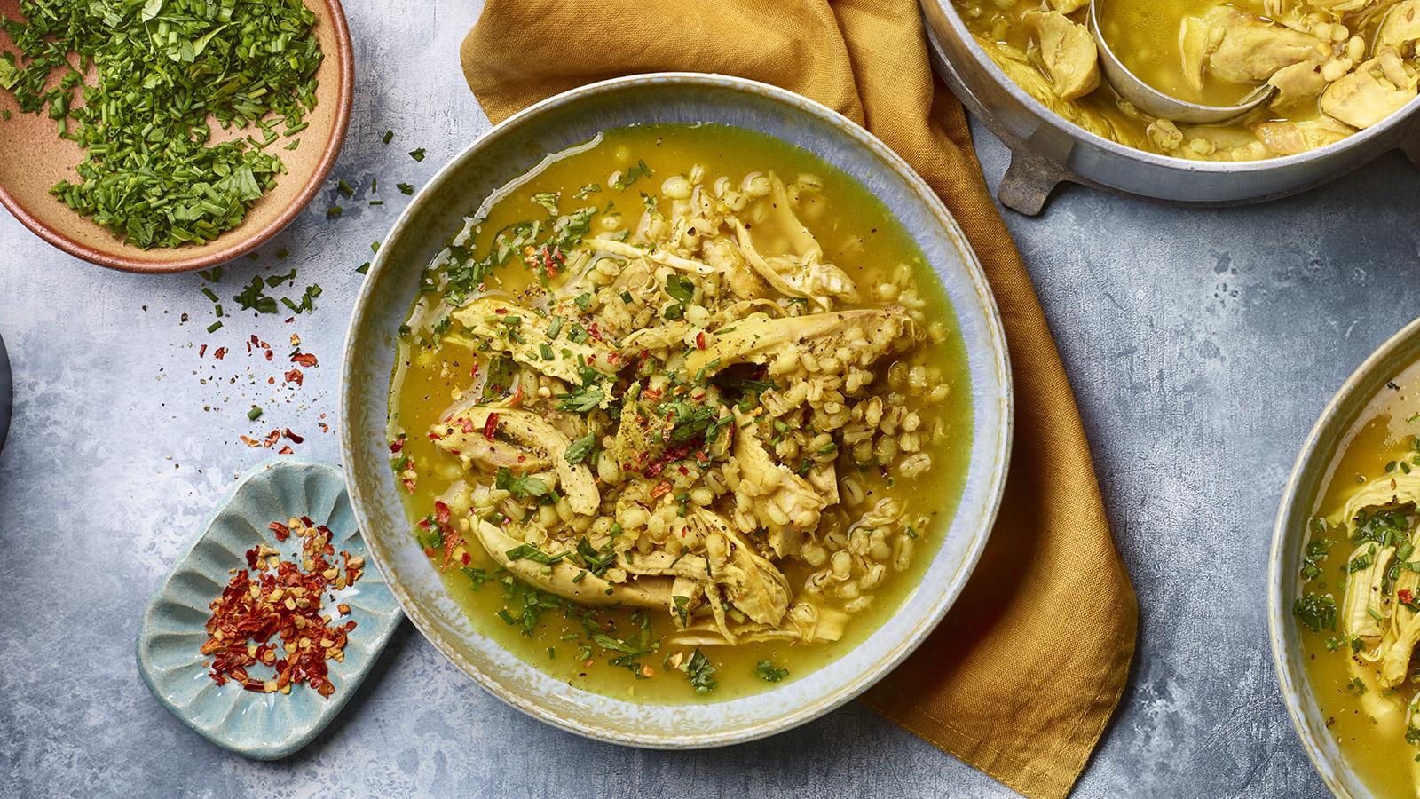 Soothing chicken and pearl barley soup 