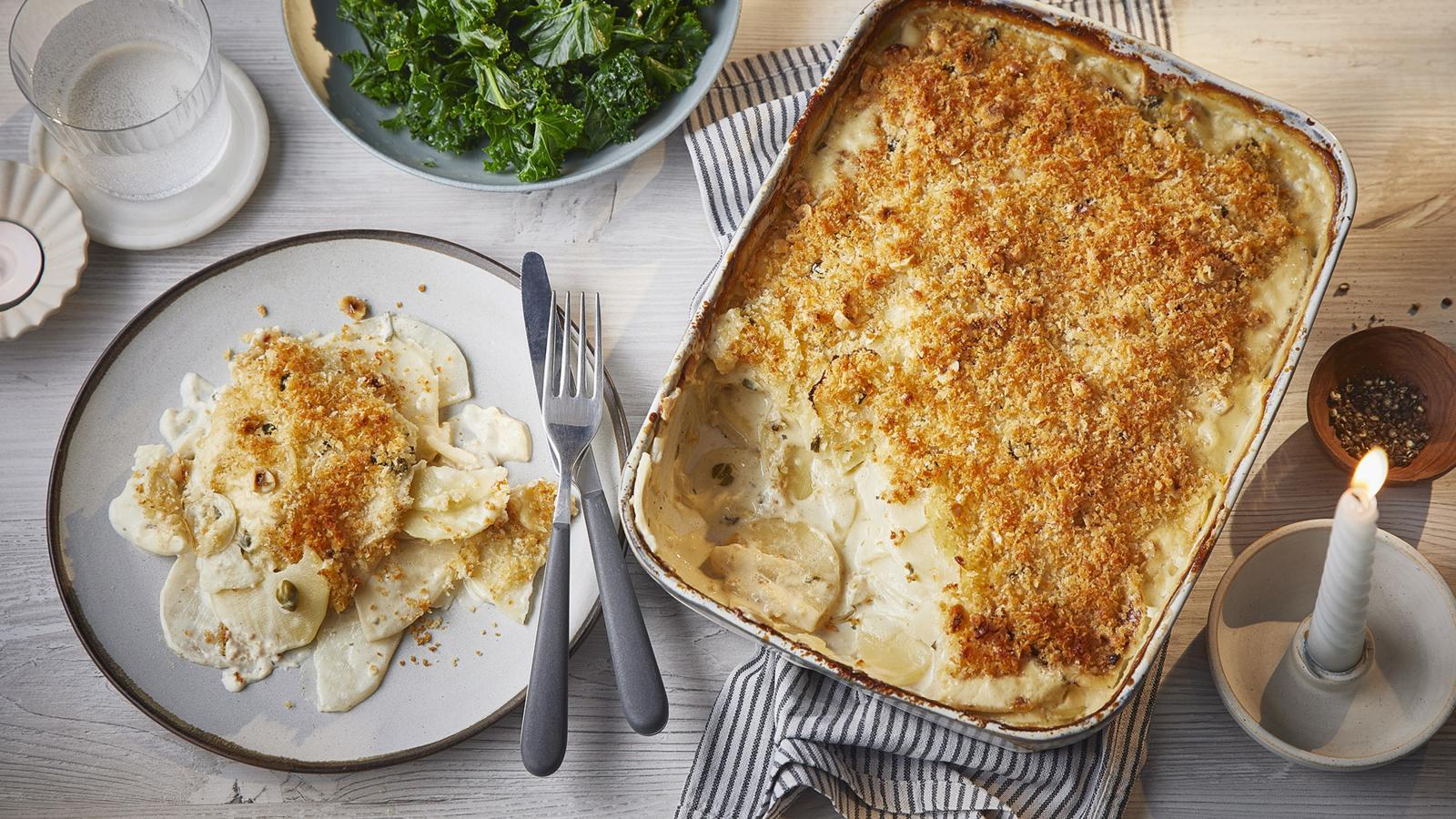 Turnip and caper gratin with hazelnut crumb