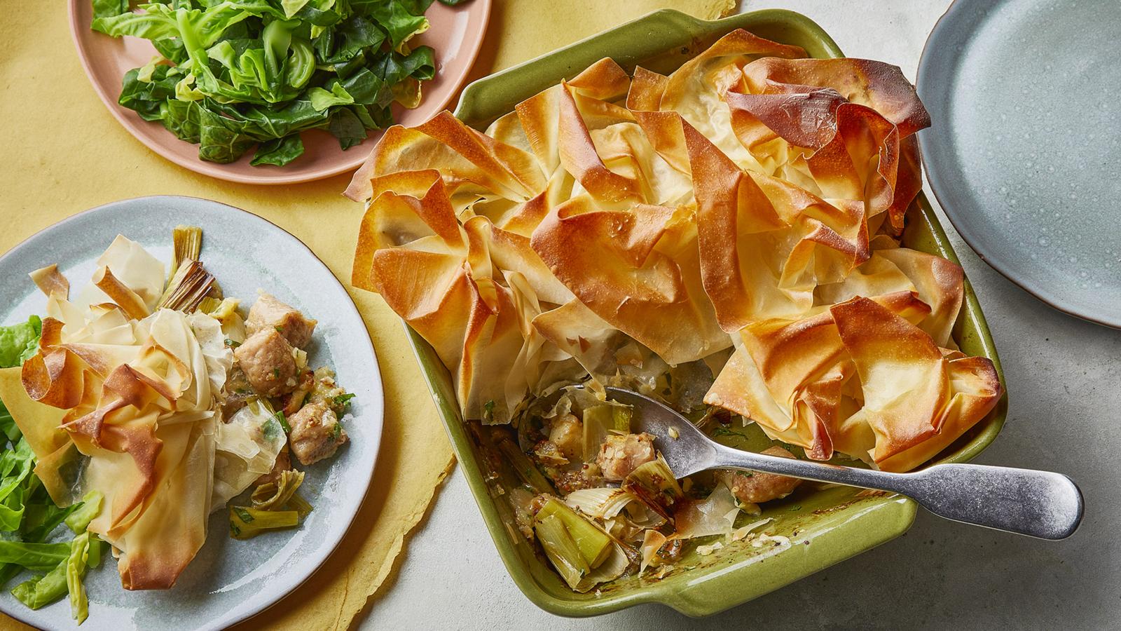 Vegan apple and sausage filo casserole 