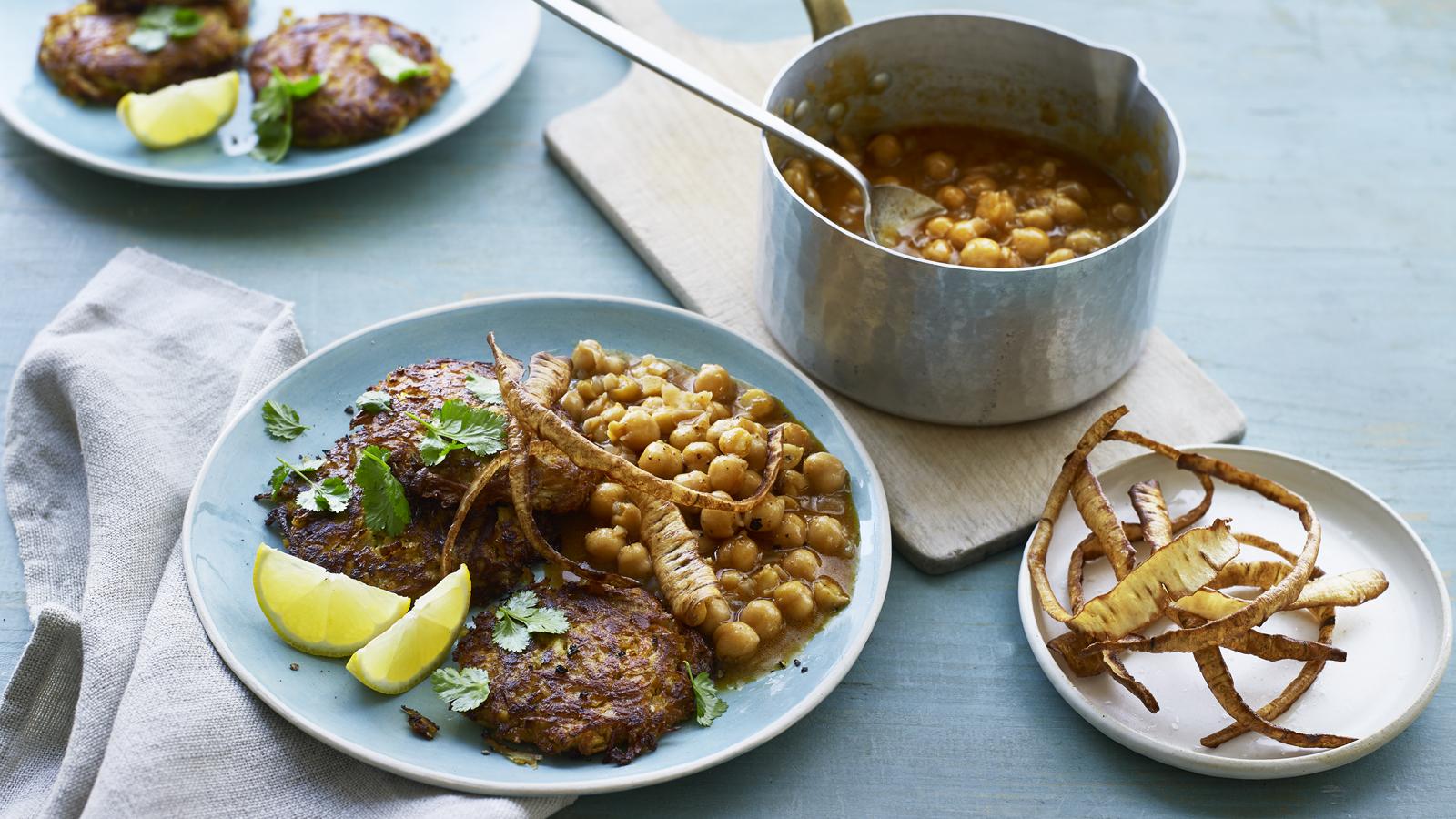 Vegetable fritters with spiced coconut chickpeas