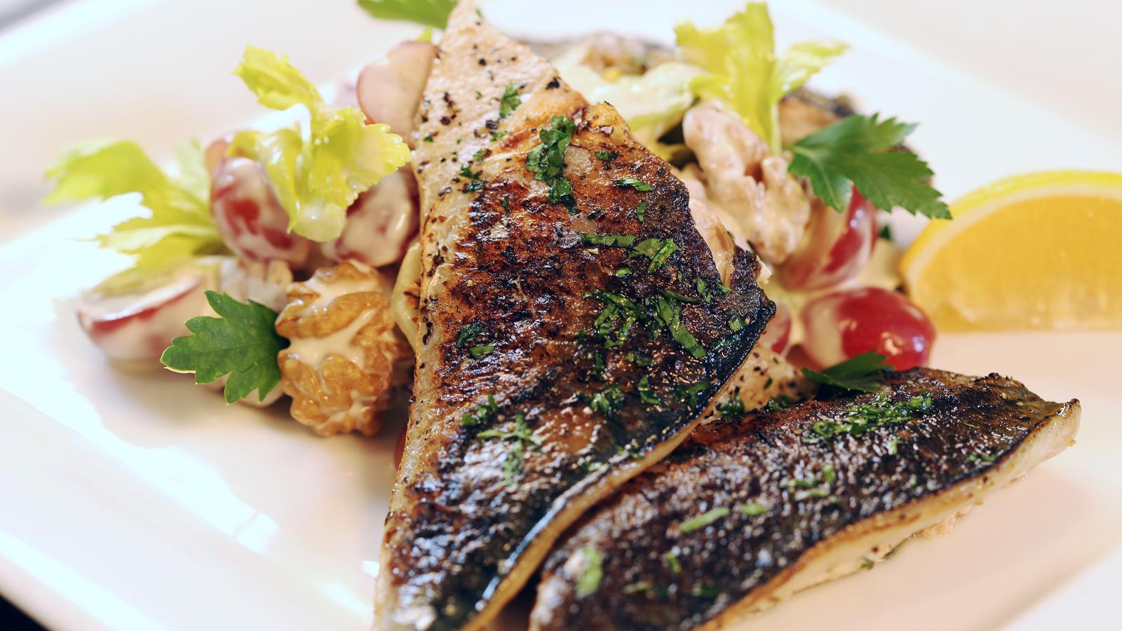 Waldorf salad with grilled mackerel