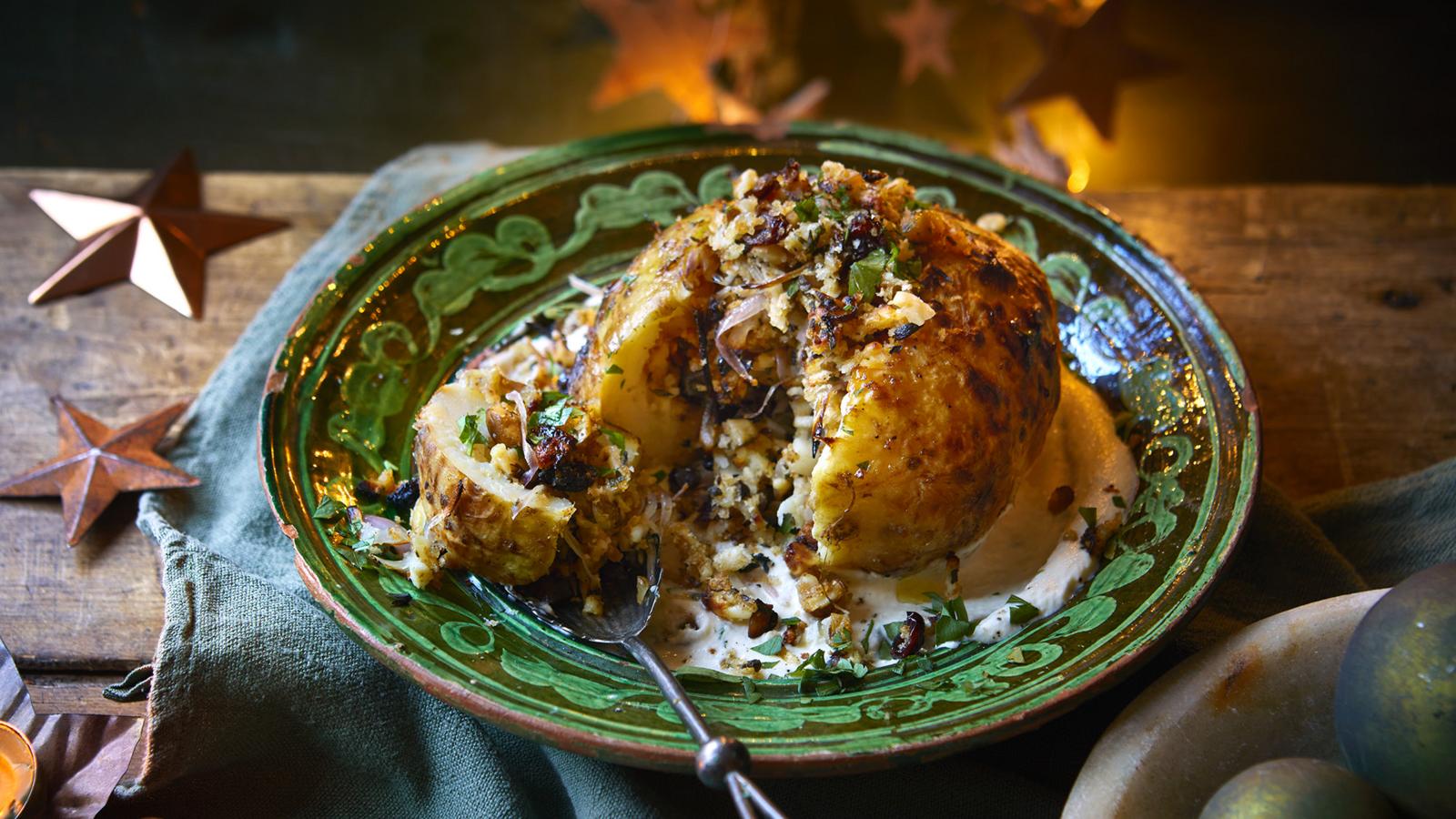 Whole roast celeriac stuffed with chestnuts, cheese and apple 