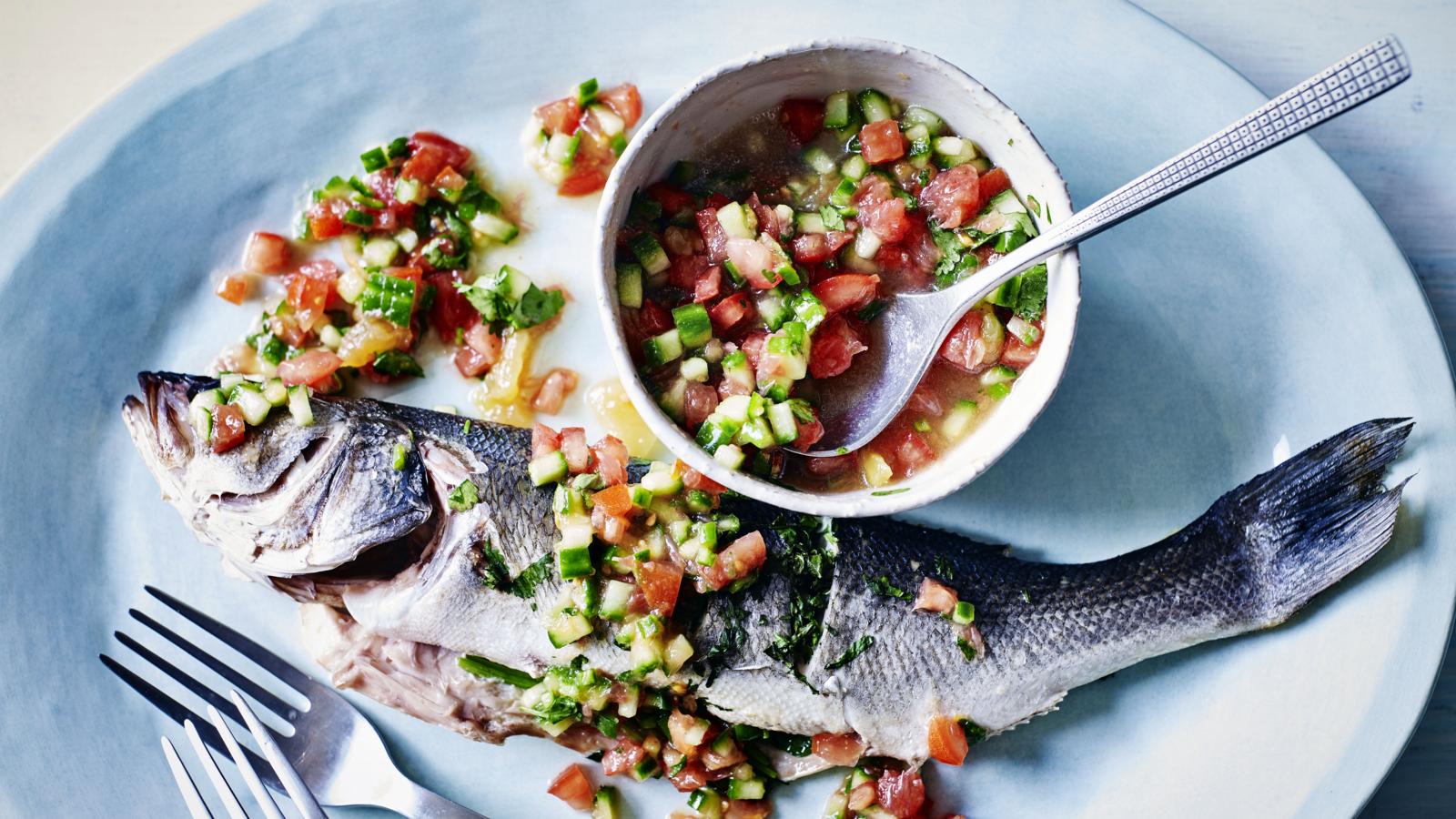 Whole sea bass with warmed tomato and citrus salsa recipe - BBC Food
