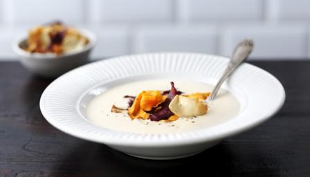 Curried roast parsnip soup with vegetable chips