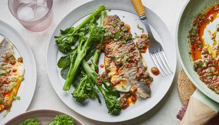 Sea bass with herb crust and balsamic dressing recipe - BBC Food