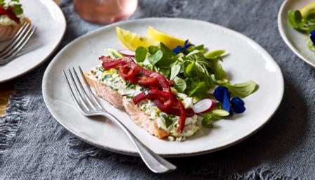 Salmon fillets with herbs and red pepper recipe - BBC Food