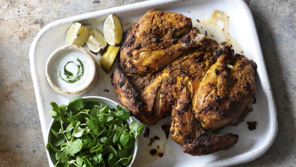 Masala-marinated chicken with minted yoghurt sauce