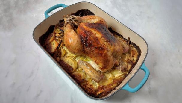 Roast garlic chicken with potato and leek gratin recipe - BBC Food