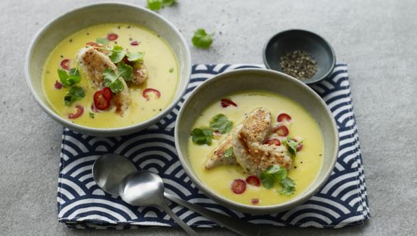 Sweetcorn and coconut soup with sesame chicken recipe - BBC Food