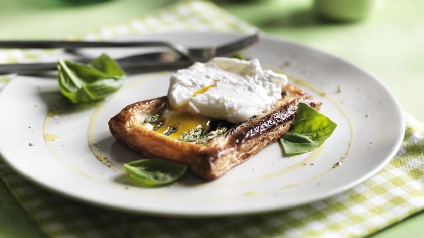 Asparagus and poached egg puff tarts with parmesan and basil 