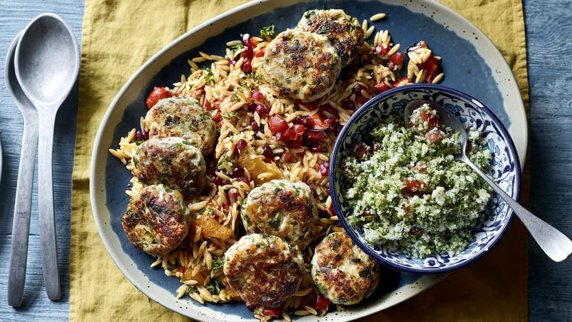 Baharat chicken with orzo salad and tabbouleh