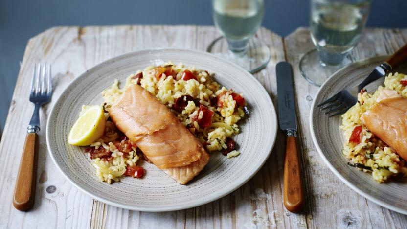 Baked salmon with chorizo rice