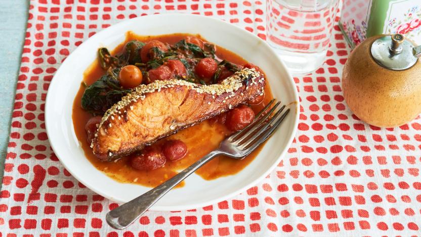 Balsamic-glazed sesame salmon with spicy cherry tomatoes and spinach