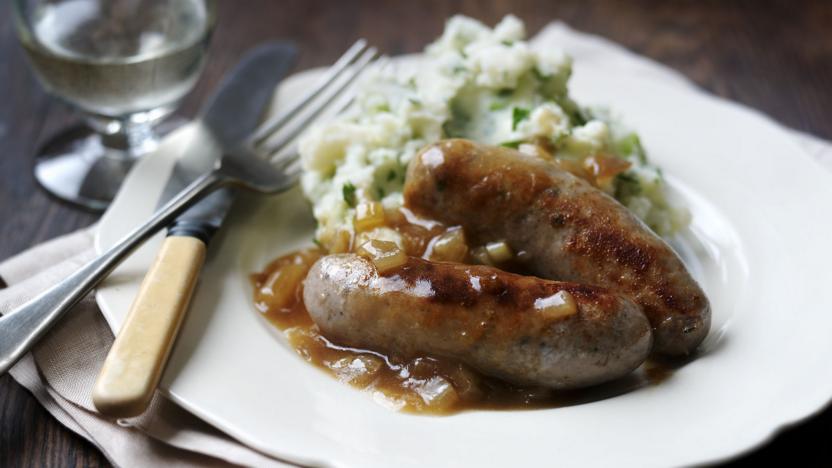 Bangers and mash with onion gravy recipe