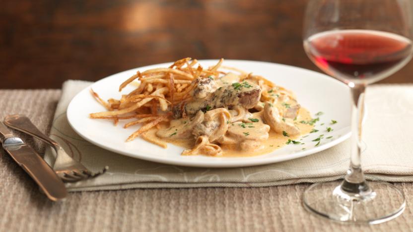 Beef stroganoff with matchstick potatoes
