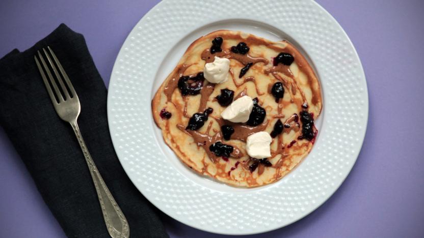 Blueberry, almond butter and cream pancakes