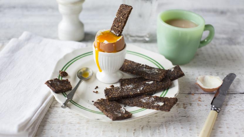 Boiled egg with rye bread soldiers 