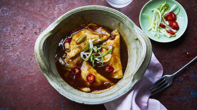 Braised egg dumplings in chilli broth