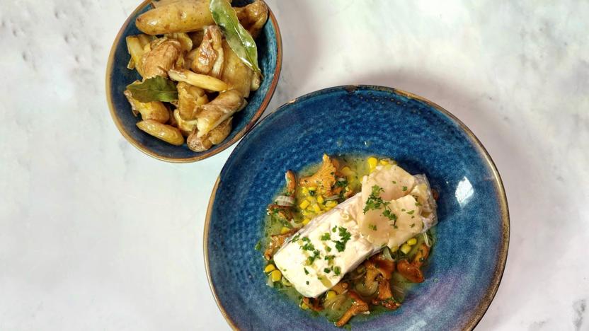 Braised halibut with scallops and roasted potatoes