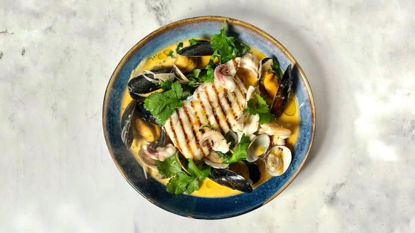Brill with Thai-style shellfish and coconut broth