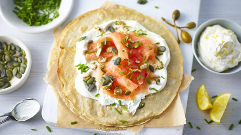 Buckwheat pancakes with smoked salmon and citrus cream cheese