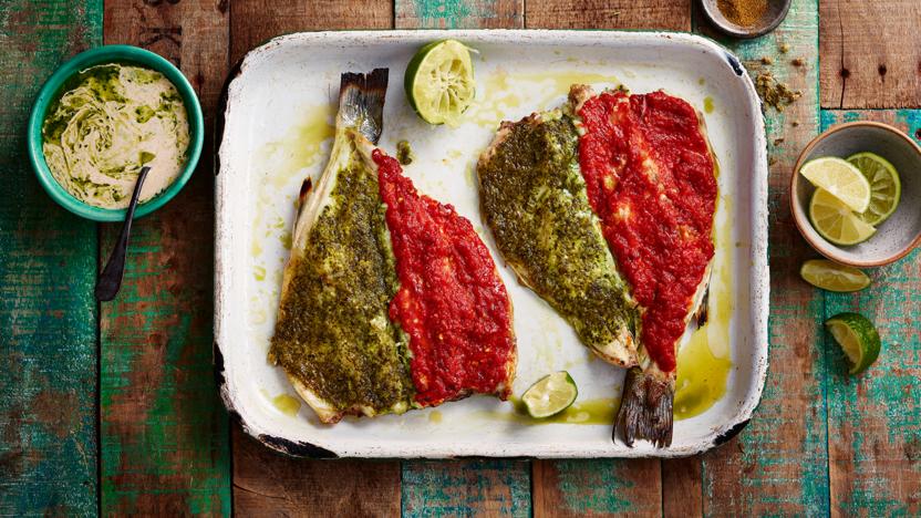 Mexican fish with refried beans