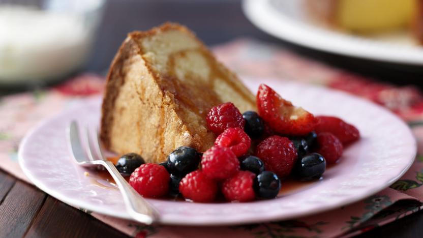 Buttermilk pound cake with Pimm’s-soaked fruits