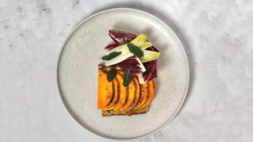 Butternut squash, onion and chestnut tarte fine