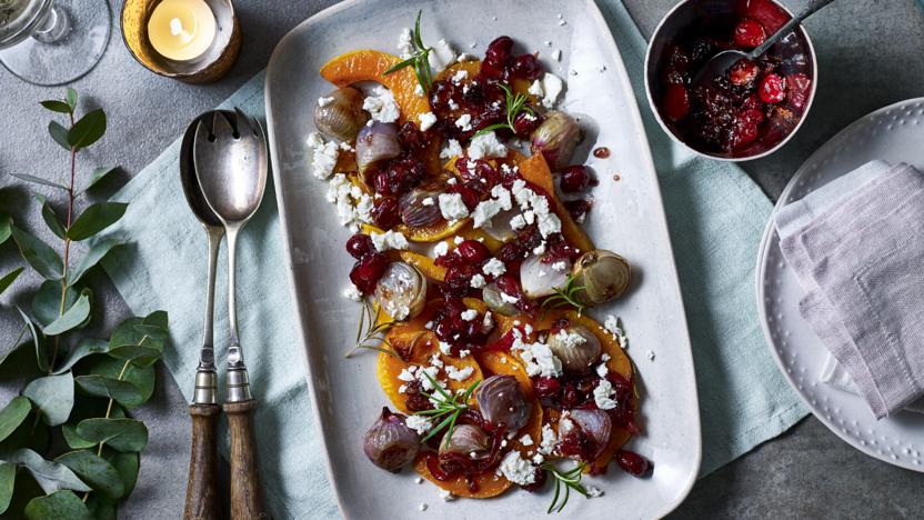 Roast butternut squash with cranberry relish and feta