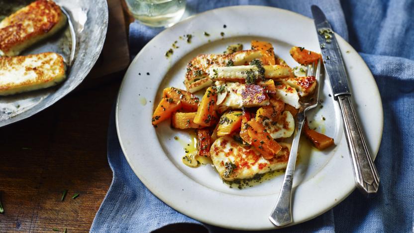 Butternut squash with rosemary and halloumi