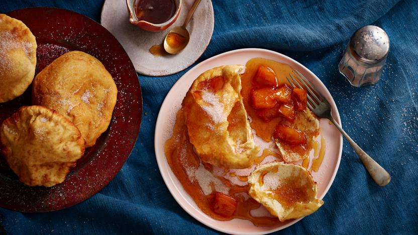 Buñuelos with spiced guava syrup