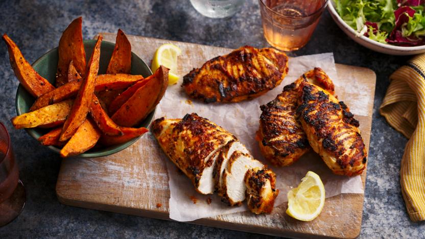 Cajun chicken with sweet potato wedges