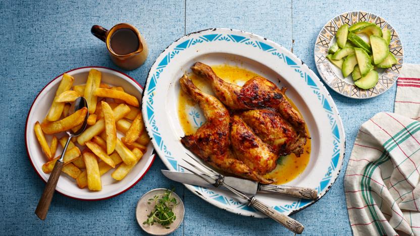 Caribbean roast chicken with chips and gravy