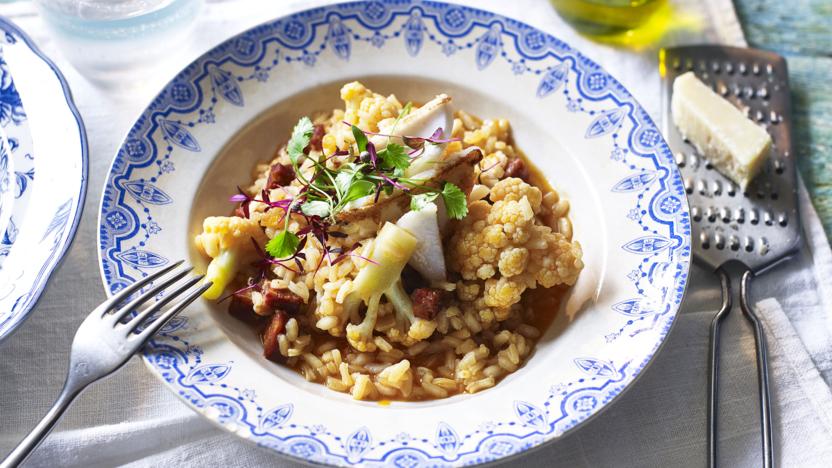 Chorizo risotto with seared squid