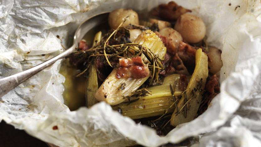 Celery baked with pancetta and shallots