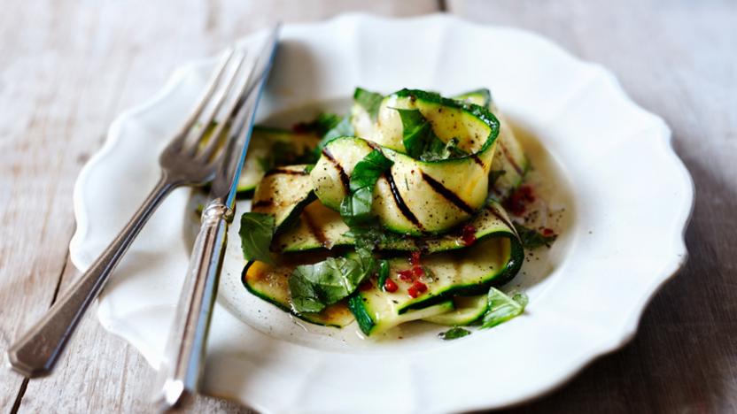 Grilled courgette salad with basil, mint, chilli and lemon