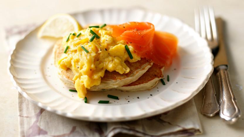 Buckwheat blinis with scrambled eggs and salmon recipe - BBC Food