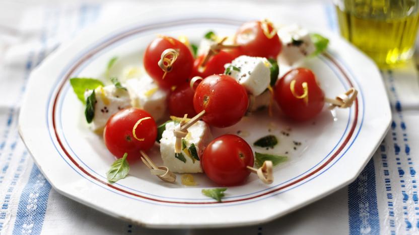 Cherry tomato, marinated feta and basil skewers