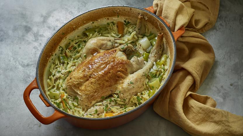 Chicken in a pot with lemon and orzo