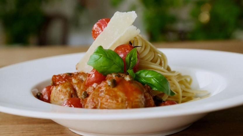 Chicken puttanesca with linguine