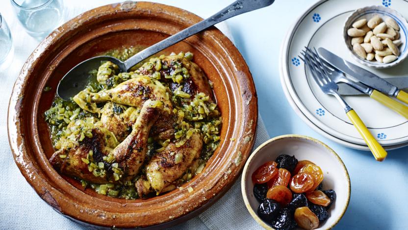 Chicken leg tagine with prunes, apricots and roasted almonds
